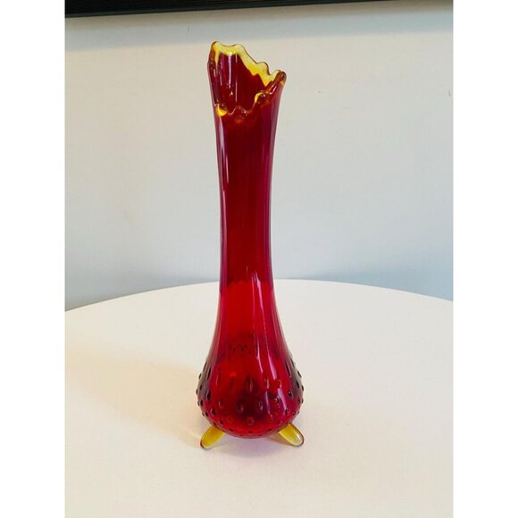 Vintage LE Smith Amberina Red Swung Vase, 3 Toe Hobnail Swung Vase 12 1/2" Tall - Picture 5 of 9